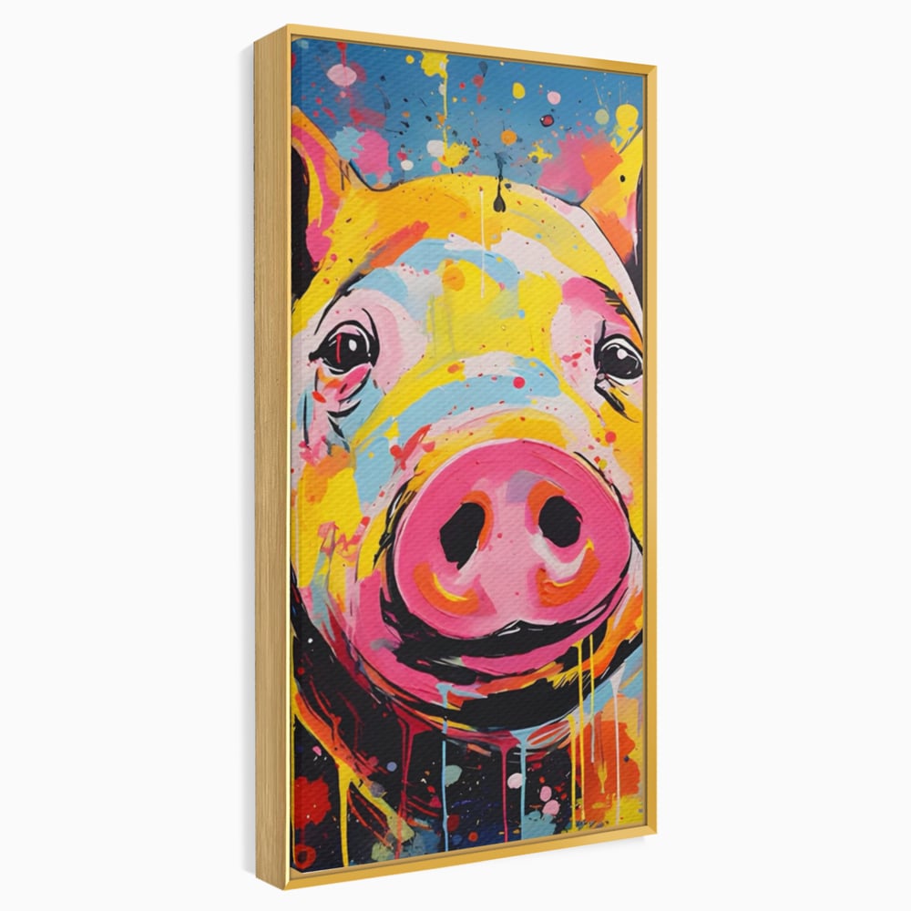 Tablou canvas cu tablou canvas portret de porc colorat, in rama de aluminiu auriu